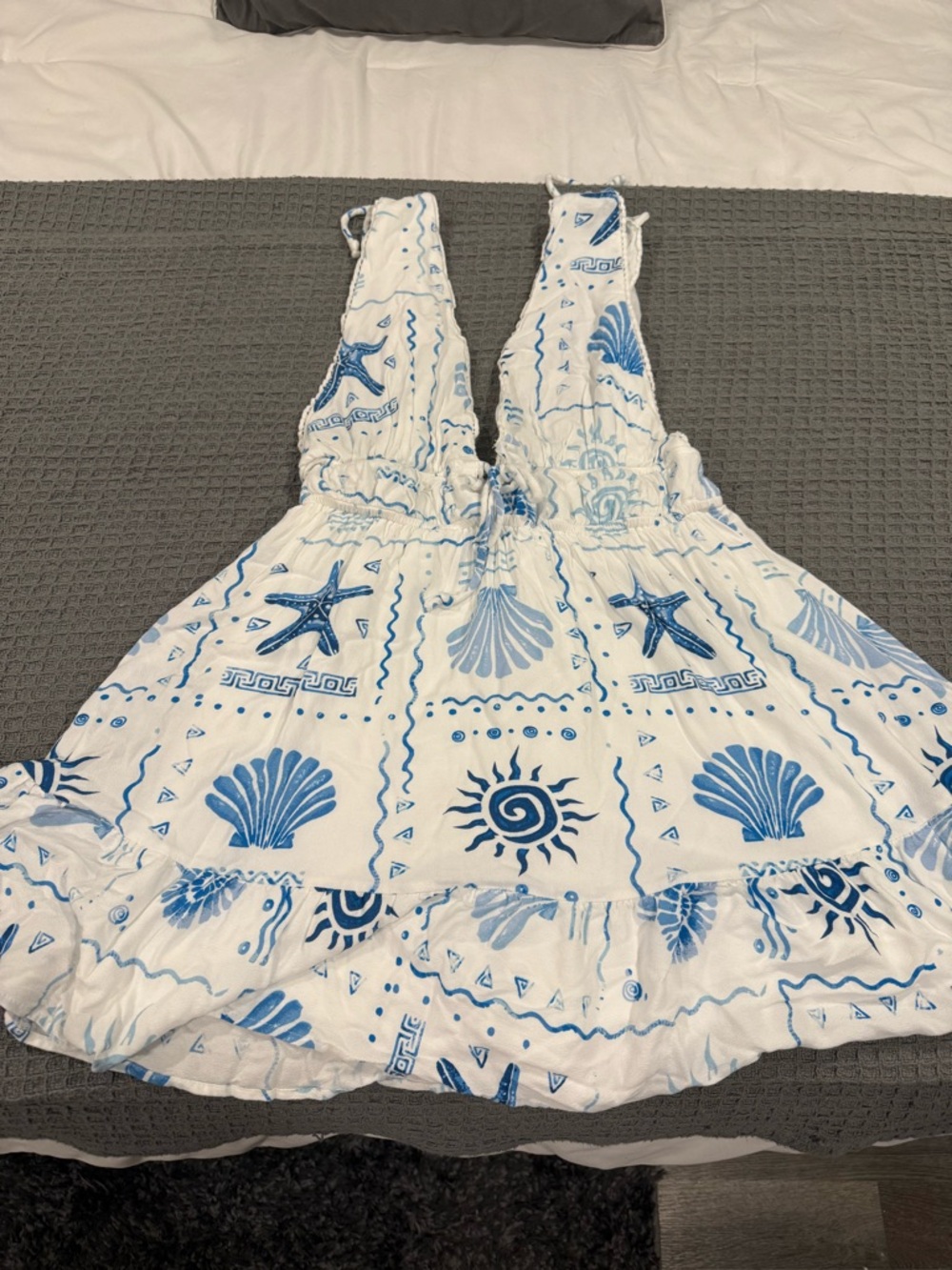 White Sundress with Blue Seashell & Starfish Print with built in shorts
